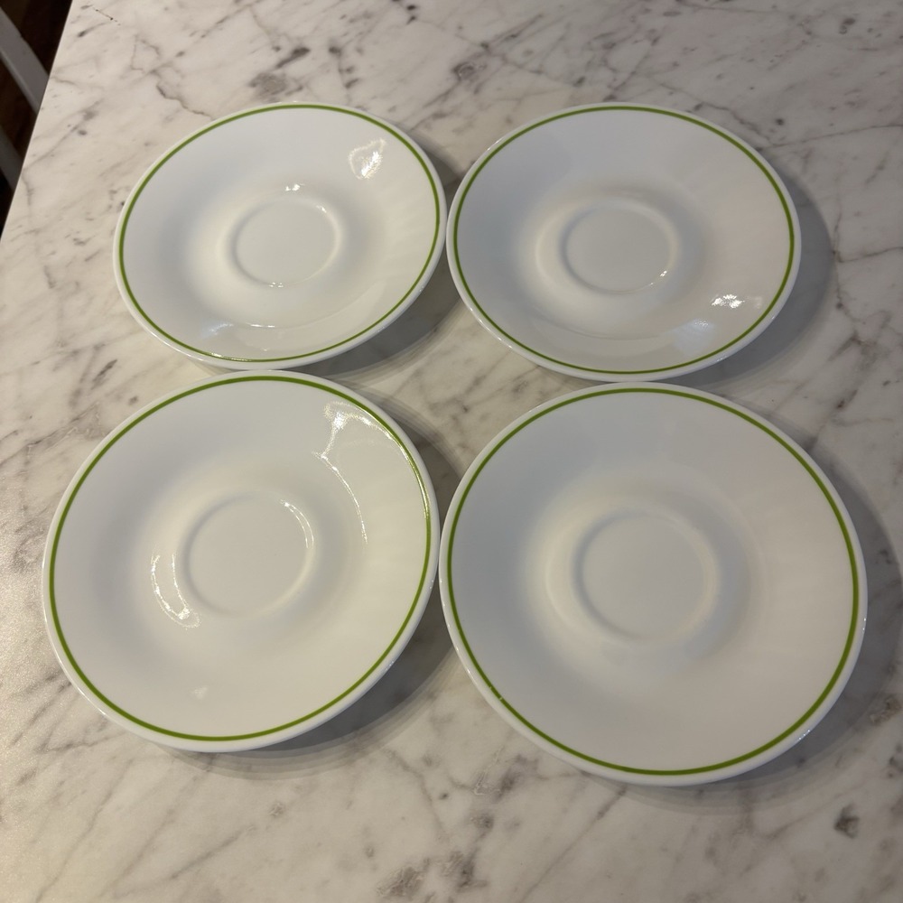 Vintage Corelle Corning Shadow‎ Iris White & Green Rim Saucer Plate Set of 4